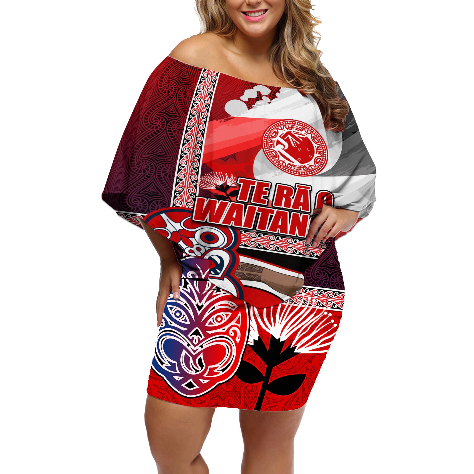 Maori Waitangi Off Shoulder Short Dress Hei-tiki Koru with Tino Rangatiratanga Maori Flag LT03 Women Red - Polynesian Pride