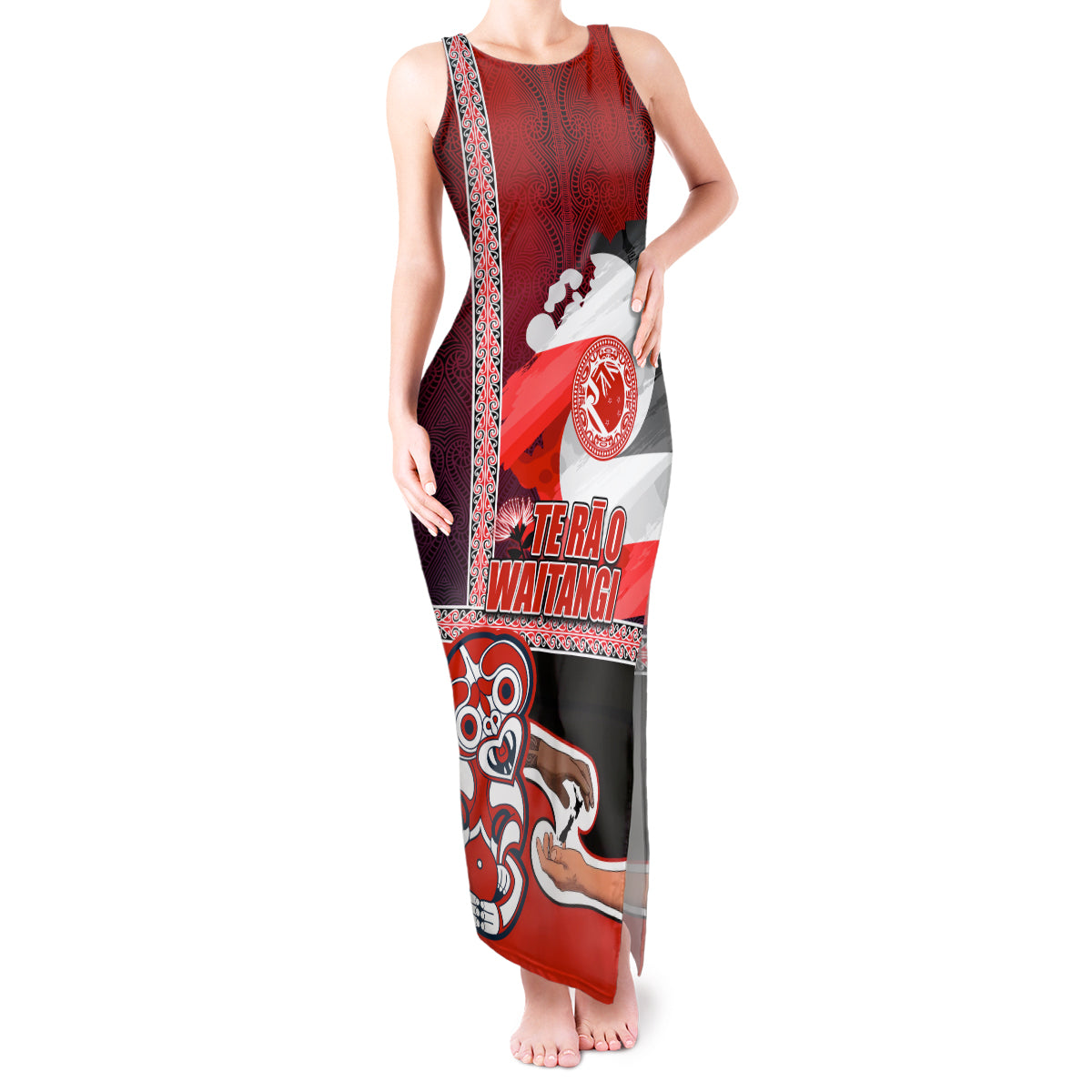 Maori Waitangi Tank Maxi Dress Hei-tiki Koru with Tino Rangatiratanga Maori Flag LT03 Women Red - Polynesian Pride