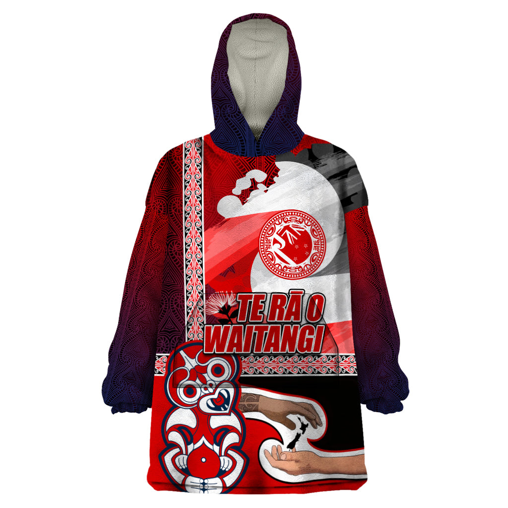 Maori Waitangi Wearable Blanket Hoodie Hei-tiki Koru with Tino Rangatiratanga Maori Flag LT03 One Size Red - Polynesian Pride