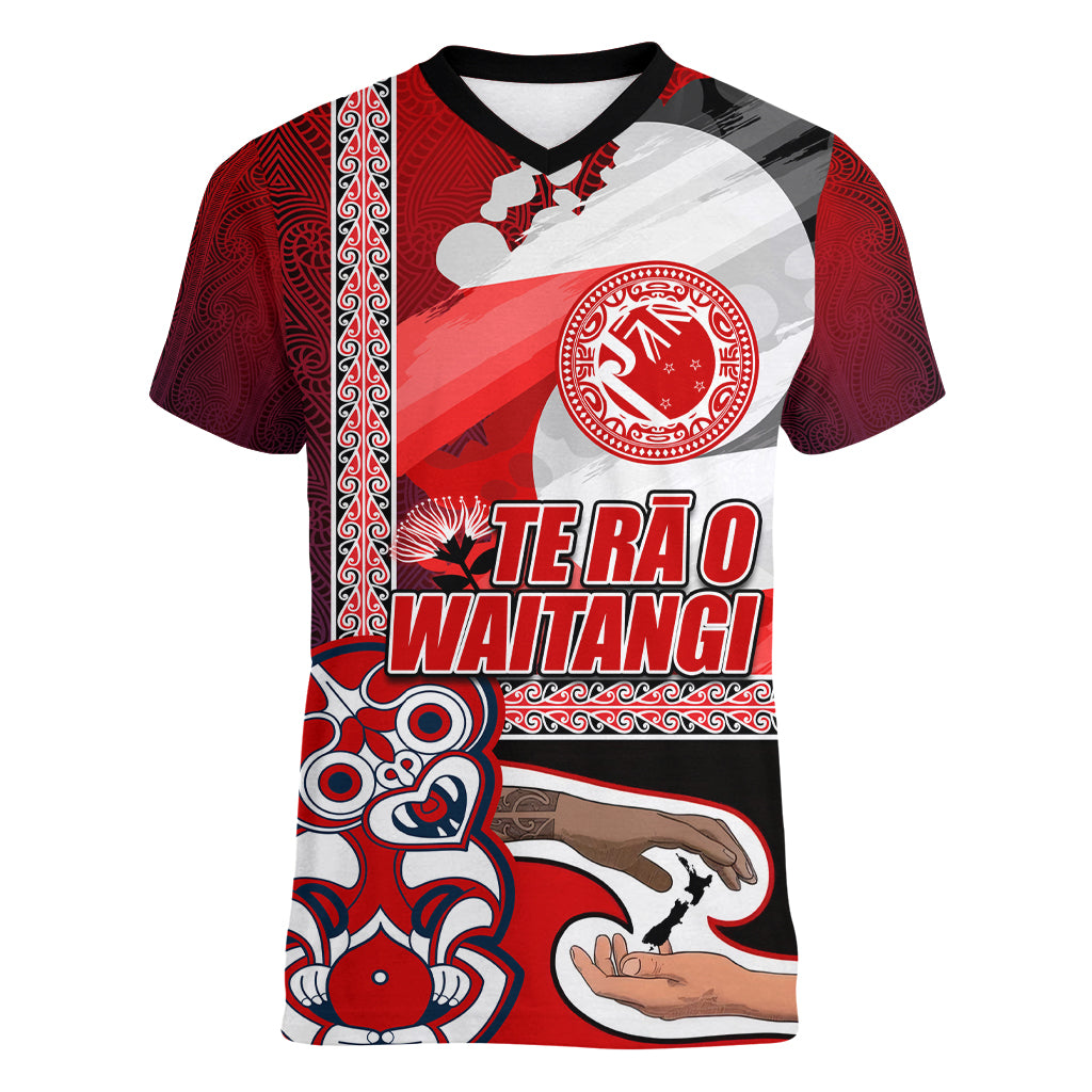 Maori Waitangi Women V Neck T Shirt Hei-tiki Koru with Tino Rangatiratanga Maori Flag LT03 Female Red - Polynesian Pride