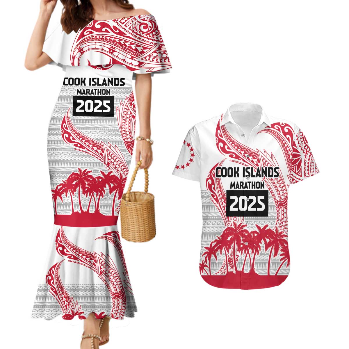 Cook Islands Marathon 2025-Pursuit in Paradise Couples Matching Mermaid Dress and Hawaiian Shirt Red Color