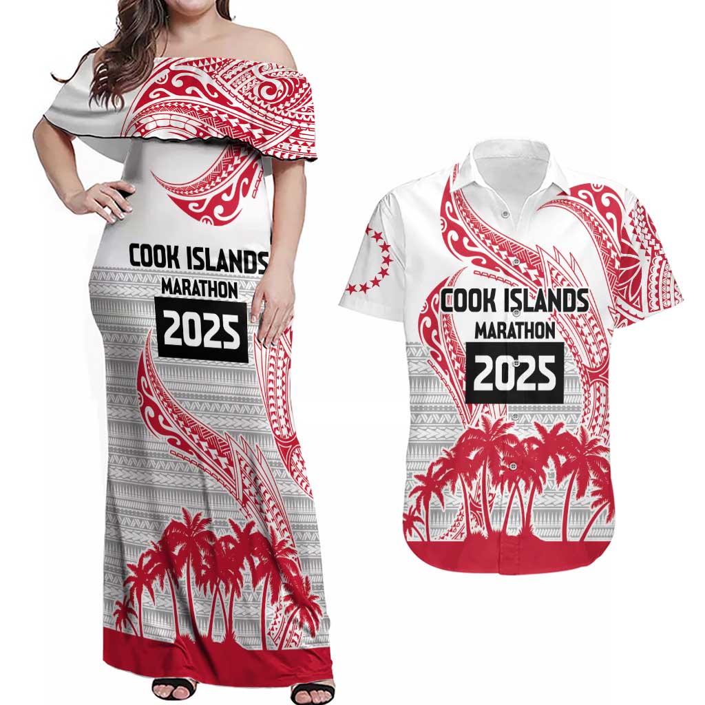 Cook Islands Marathon 2025-Pursuit in Paradise Couples Matching Off Shoulder Maxi Dress and Hawaiian Shirt Red Color