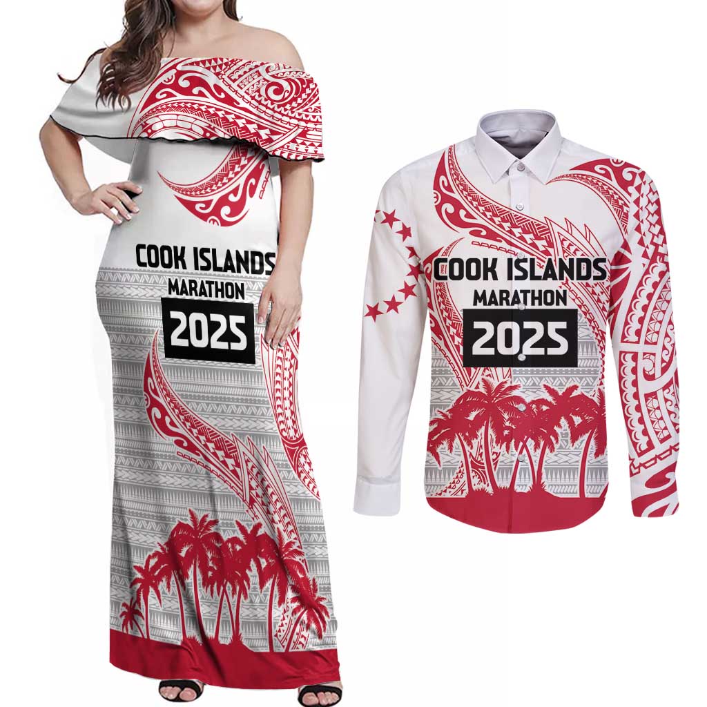 Cook Islands Marathon 2025-Pursuit in Paradise Couples Matching Off Shoulder Maxi Dress and Long Sleeve Button Shirt Red Color