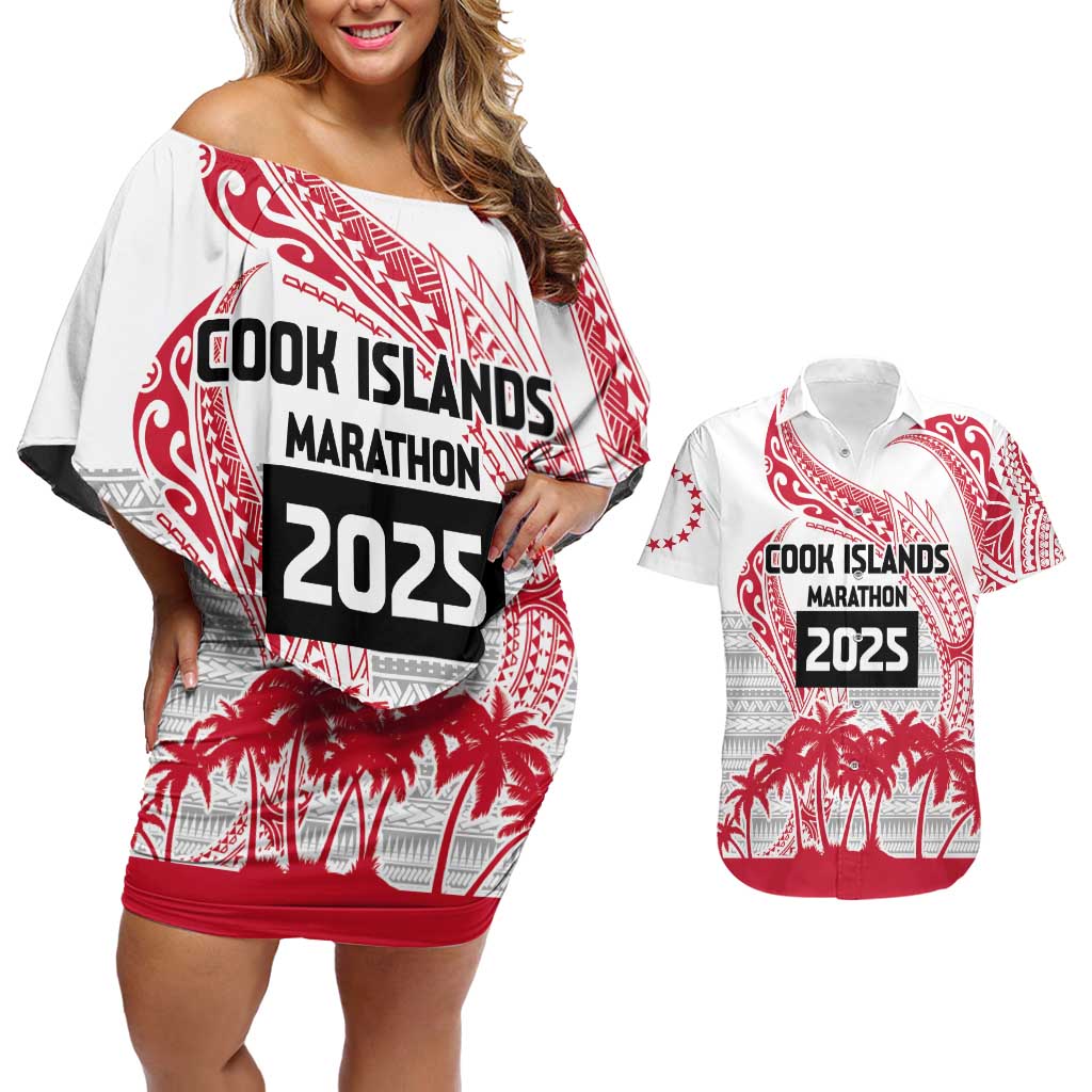 Cook Islands Marathon 2025-Pursuit in Paradise Couples Matching Off Shoulder Short Dress and Hawaiian Shirt Red Color