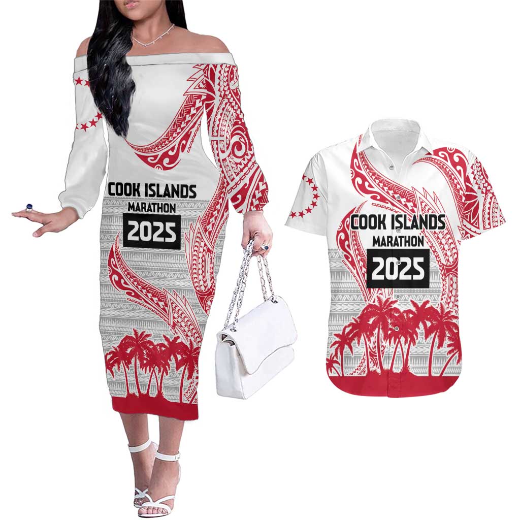 Cook Islands Marathon 2025-Pursuit in Paradise Couples Matching Off The Shoulder Long Sleeve Dress and Hawaiian Shirt Red Color