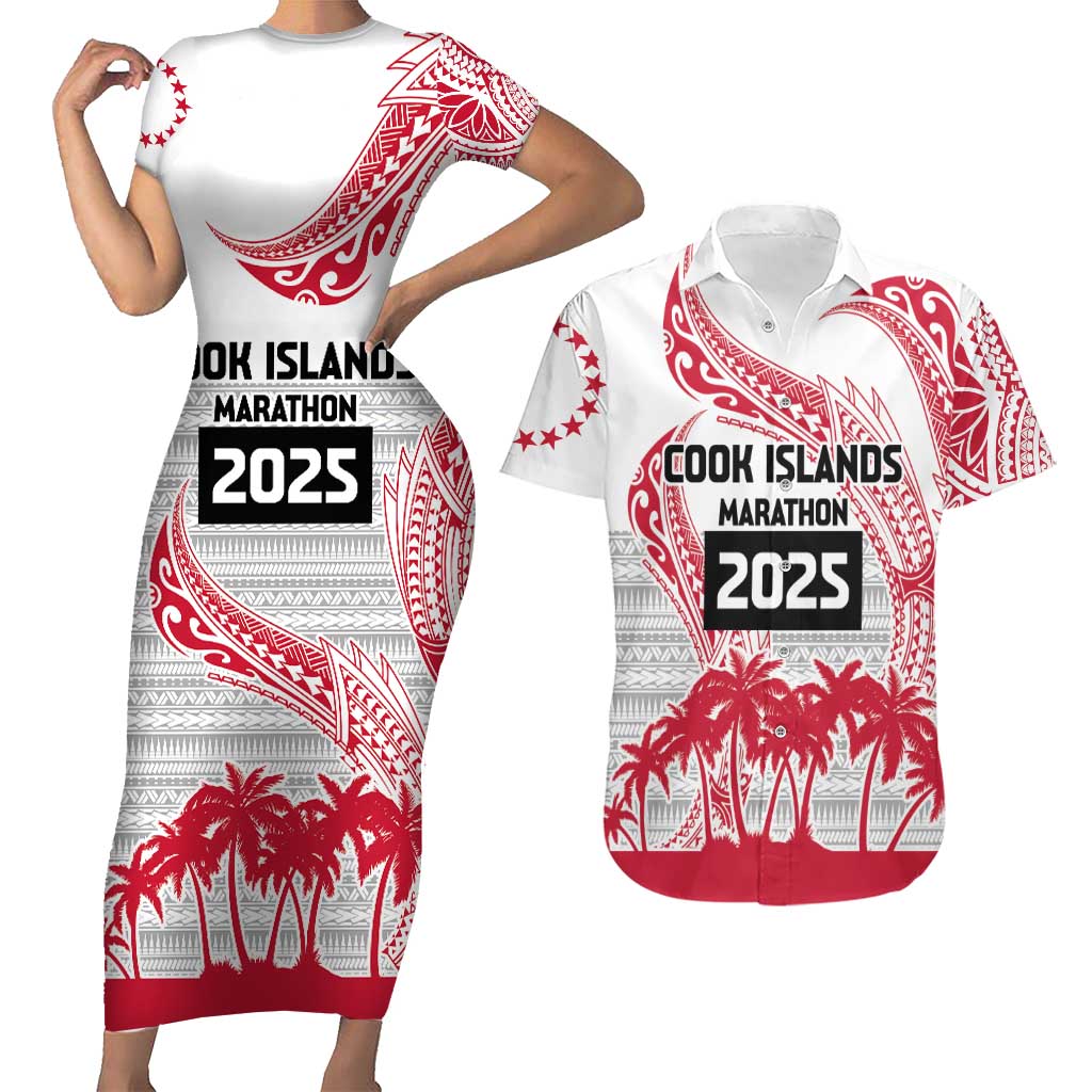 Cook Islands Marathon 2025-Pursuit in Paradise Couples Matching Short Sleeve Bodycon Dress and Hawaiian Shirt Red Color