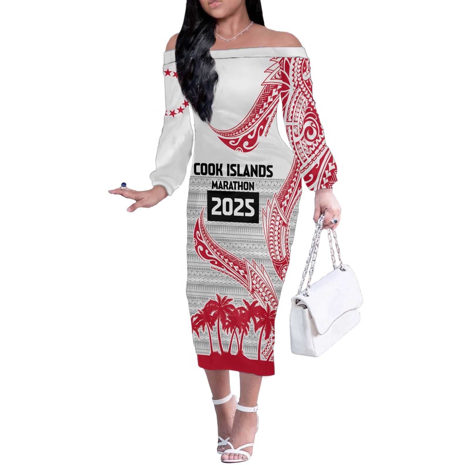 Cook Islands Marathon 2025-Pursuit in Paradise Off The Shoulder Long Sleeve Dress Red Color