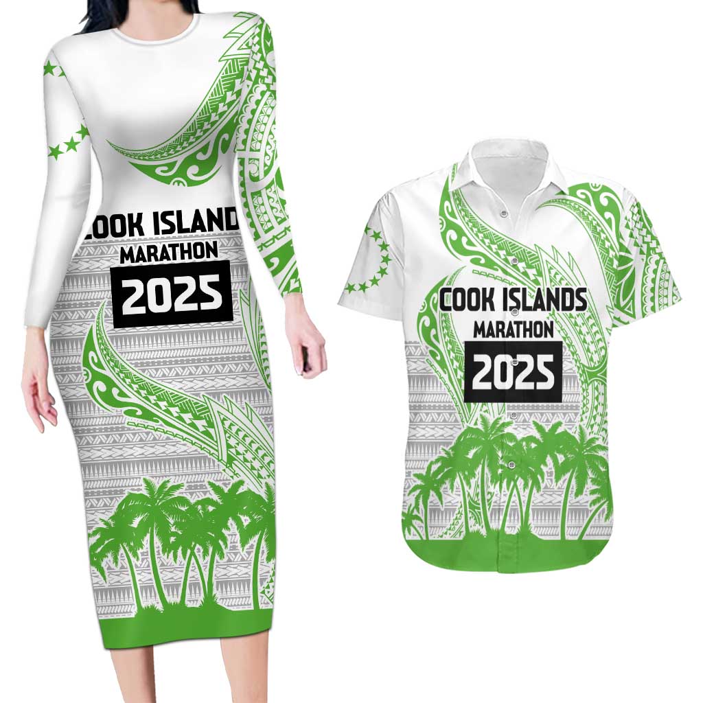 Cook Islands Marathon 2025-Pursuit in Paradise Couples Matching Long Sleeve Bodycon Dress and Hawaiian Shirt Green Color