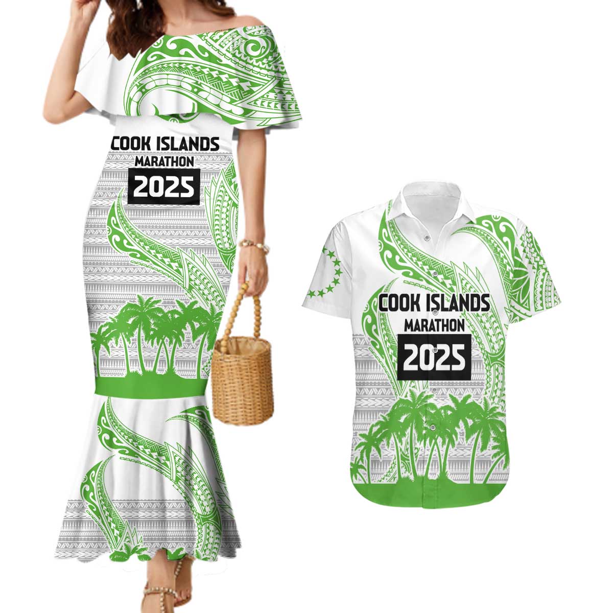 Cook Islands Marathon 2025-Pursuit in Paradise Couples Matching Mermaid Dress and Hawaiian Shirt Green Color