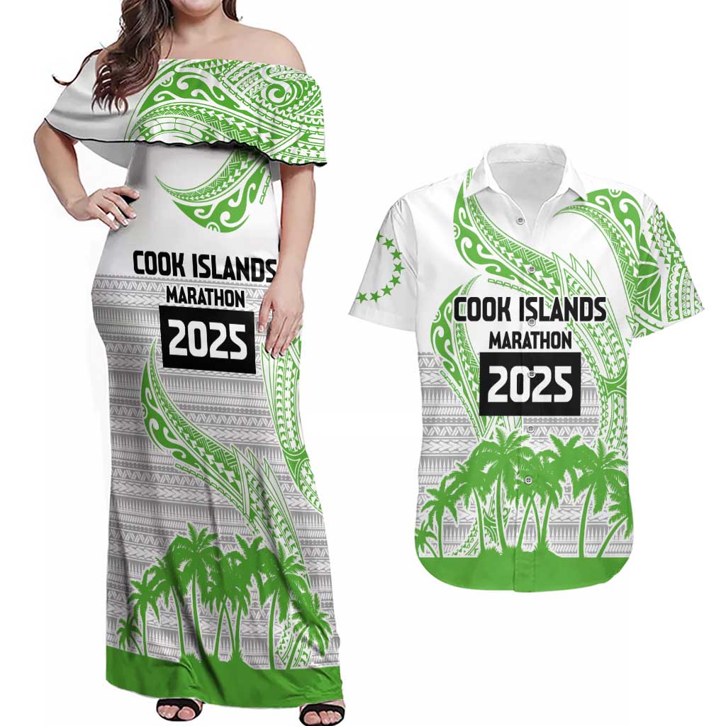 Cook Islands Marathon 2025-Pursuit in Paradise Couples Matching Off Shoulder Maxi Dress and Hawaiian Shirt Green Color