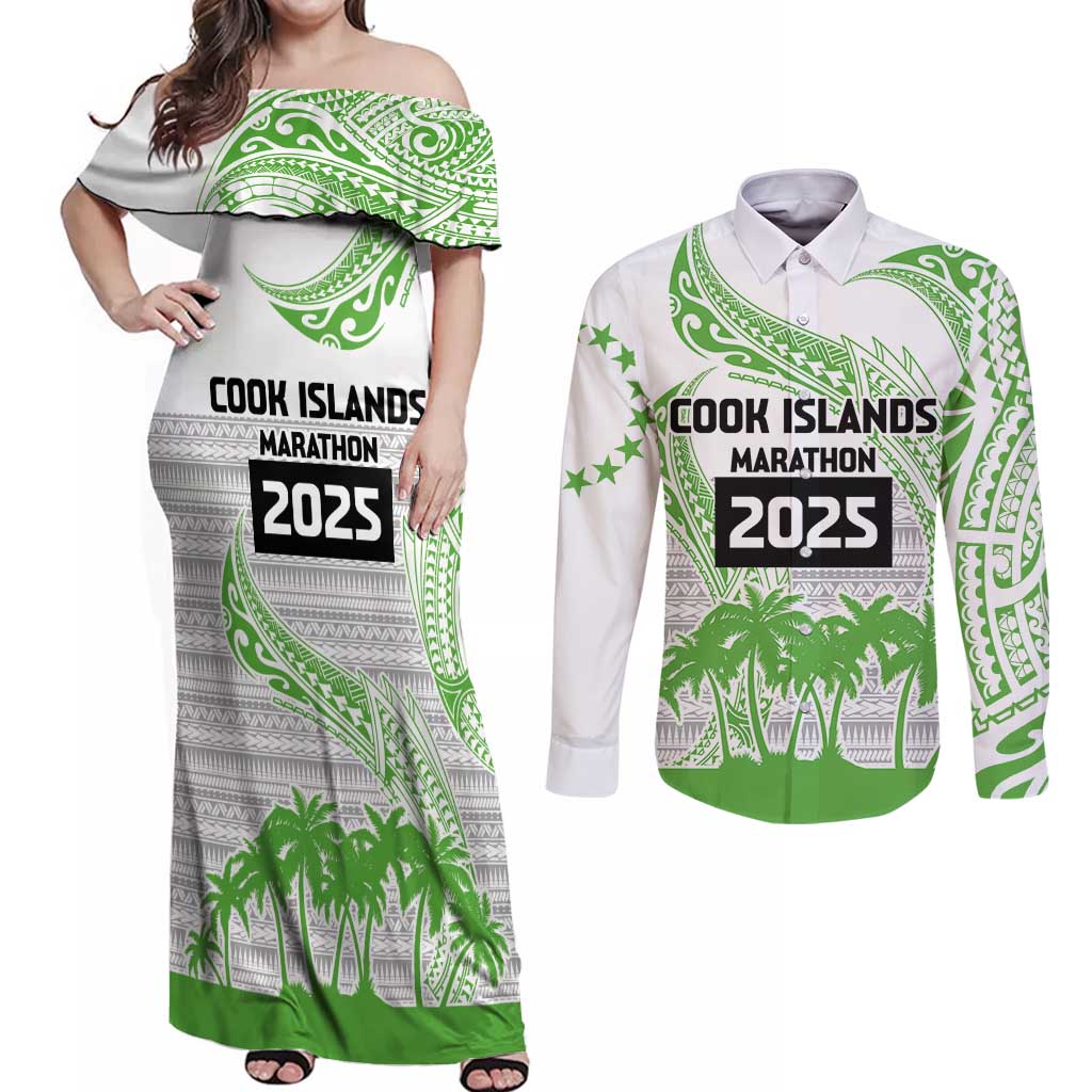 Cook Islands Marathon 2025-Pursuit in Paradise Couples Matching Off Shoulder Maxi Dress and Long Sleeve Button Shirt Green Color