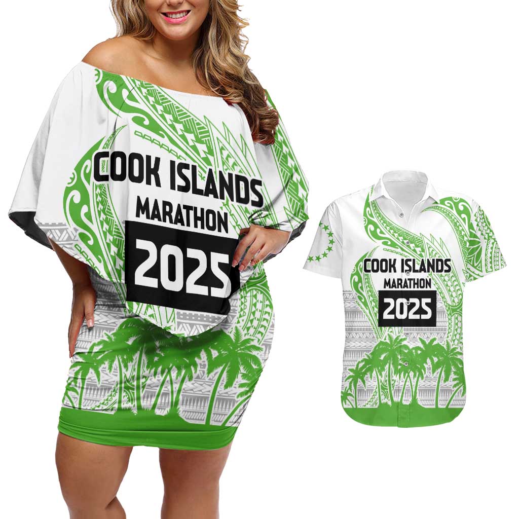 Cook Islands Marathon 2025-Pursuit in Paradise Couples Matching Off Shoulder Short Dress and Hawaiian Shirt Green Color