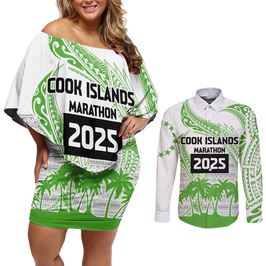 Cook Islands Marathon 2025-Pursuit in Paradise Couples Matching Off Shoulder Short Dress and Long Sleeve Button Shirt Green Color