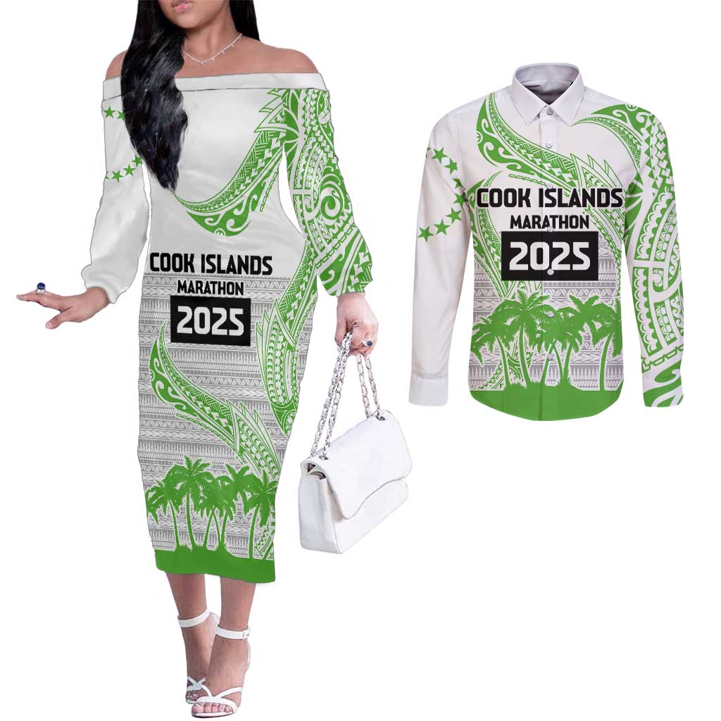 Cook Islands Marathon 2025-Pursuit in Paradise Couples Matching Off The Shoulder Long Sleeve Dress and Long Sleeve Button Shirt Green Color