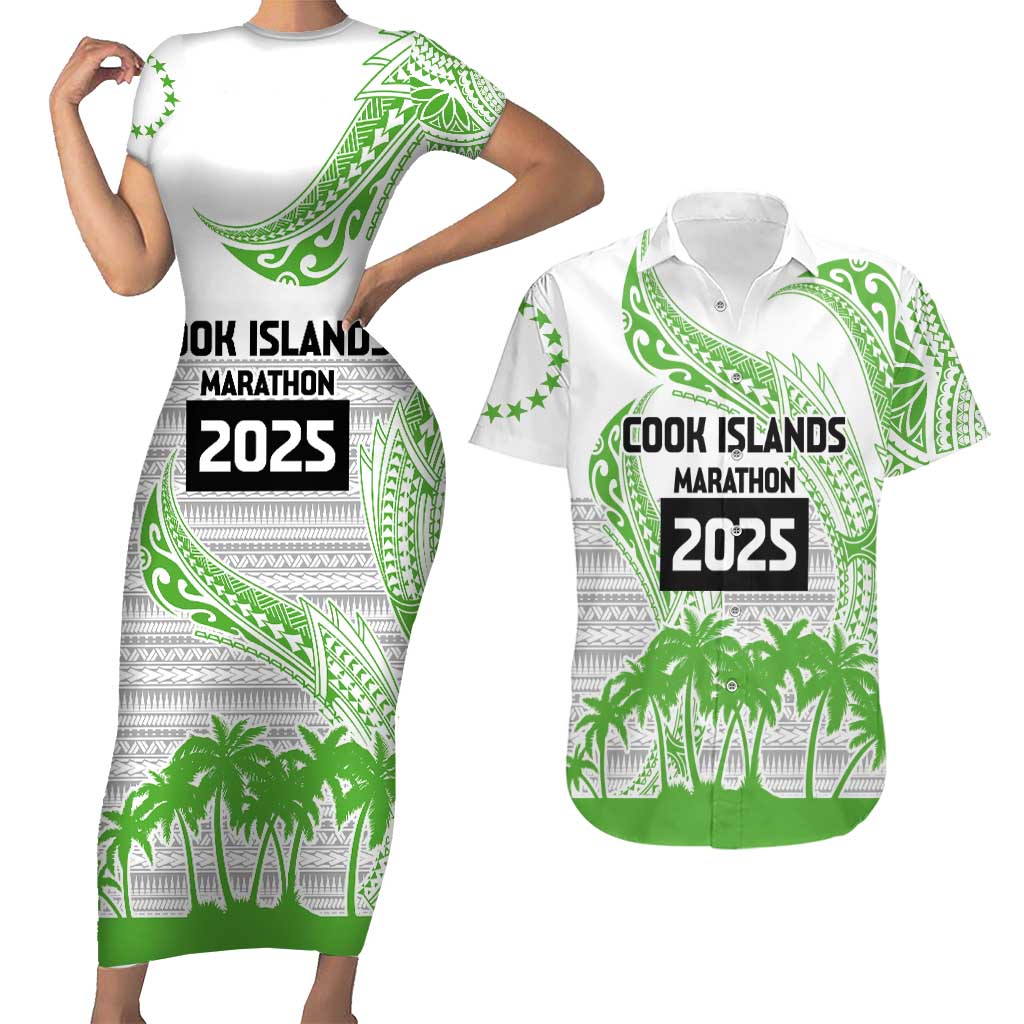 Cook Islands Marathon 2025-Pursuit in Paradise Couples Matching Short Sleeve Bodycon Dress and Hawaiian Shirt Green Color