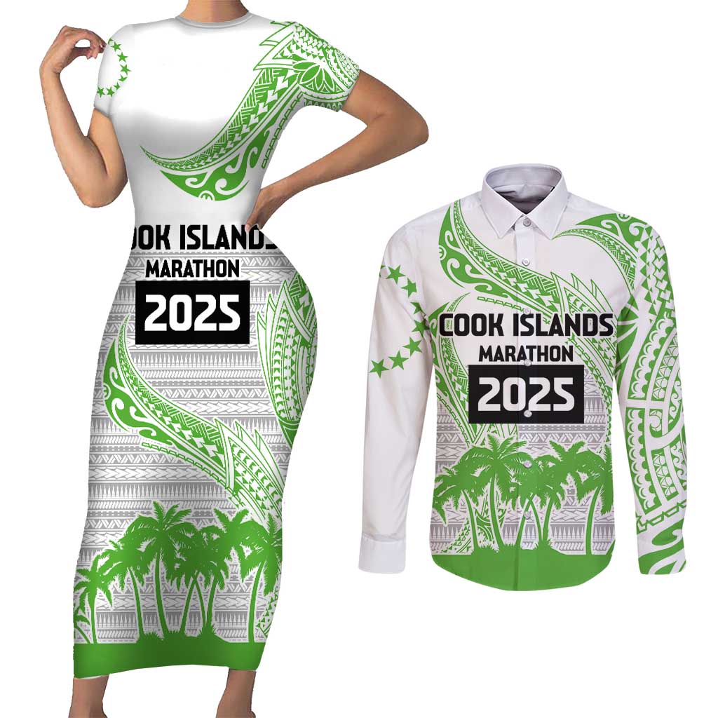 Cook Islands Marathon 2025-Pursuit in Paradise Couples Matching Short Sleeve Bodycon Dress and Long Sleeve Button Shirt Green Color