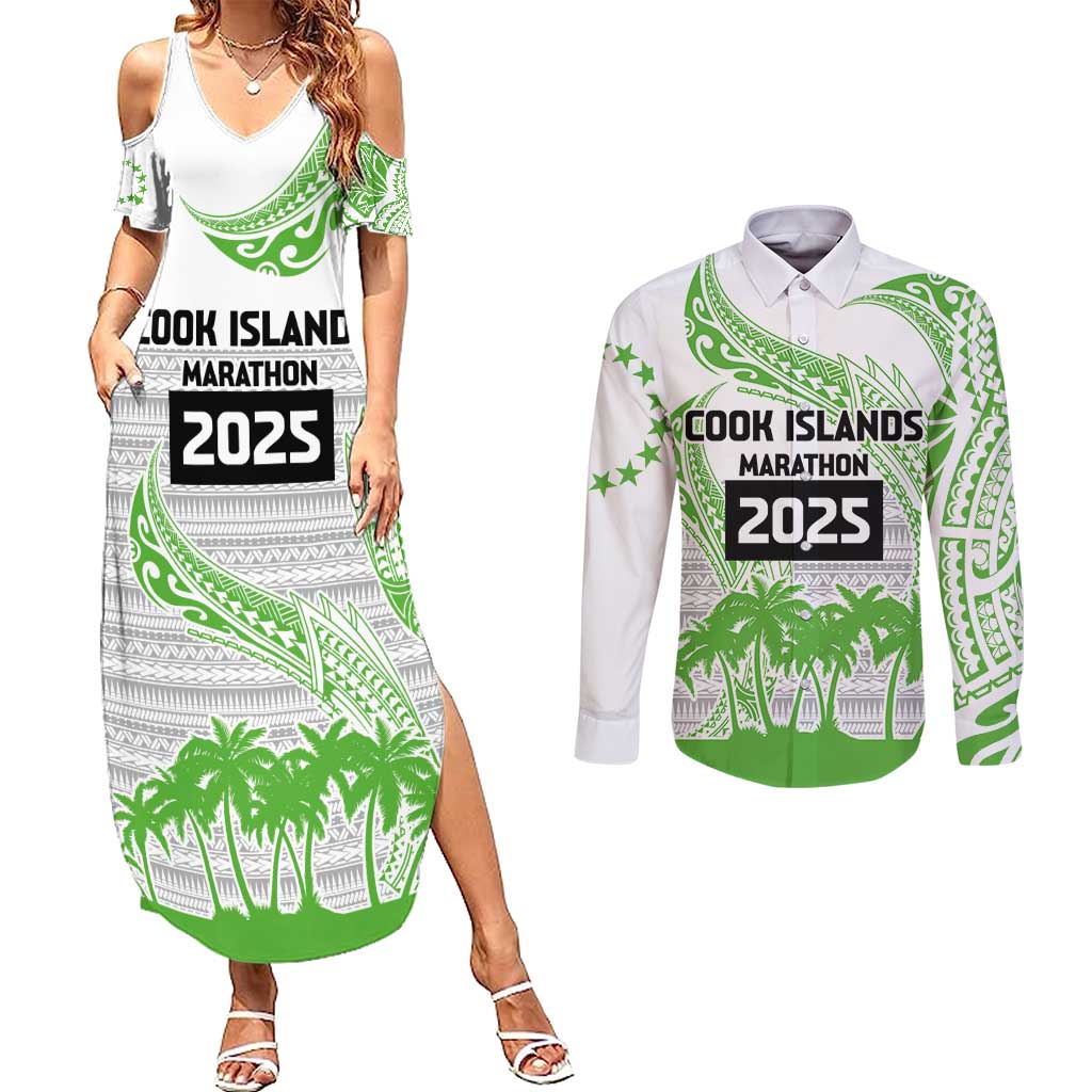 Cook Islands Marathon 2025-Pursuit in Paradise Couples Matching Summer Maxi Dress and Long Sleeve Button Shirt Green Color