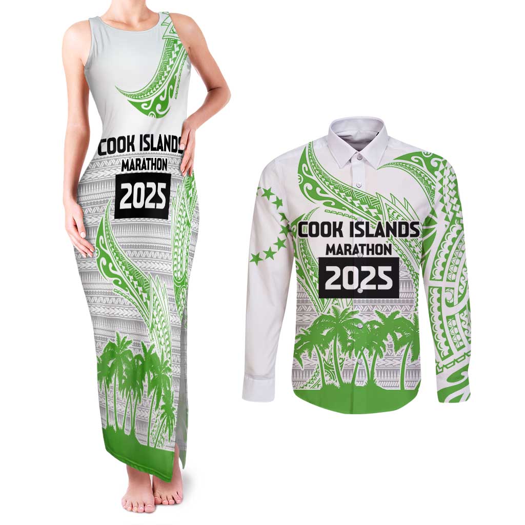 Cook Islands Marathon 2025-Pursuit in Paradise Couples Matching Tank Maxi Dress and Long Sleeve Button Shirt Green Color