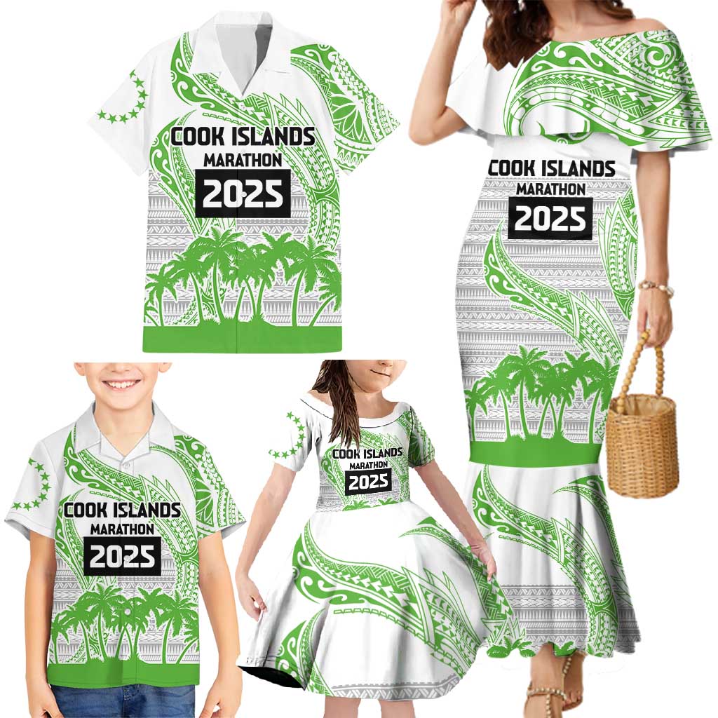 Cook Islands Marathon 2025-Pursuit in Paradise Family Matching Mermaid Dress and Hawaiian Shirt Green Color