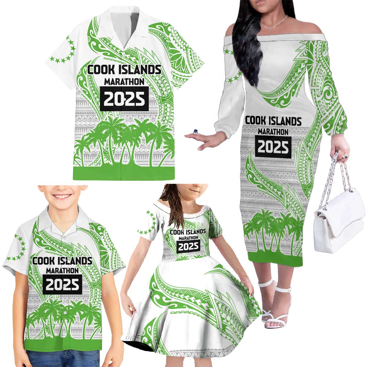 Cook Islands Marathon 2025-Pursuit in Paradise Family Matching Off The Shoulder Long Sleeve Dress and Hawaiian Shirt Green Color