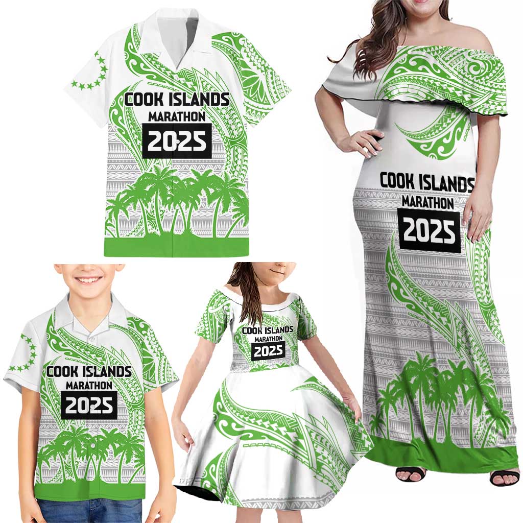 Cook Islands Marathon 2025-Pursuit in Paradise Family Matching Off Shoulder Maxi Dress and Hawaiian Shirt Green Color