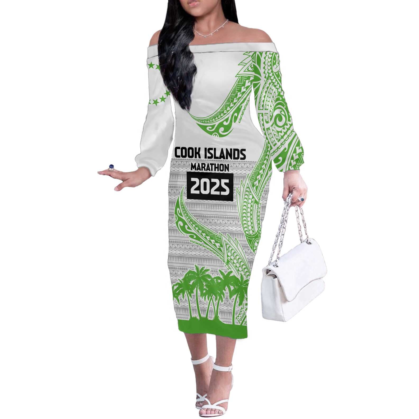 Cook Islands Marathon 2025-Pursuit in Paradise Off The Shoulder Long Sleeve Dress Green Color