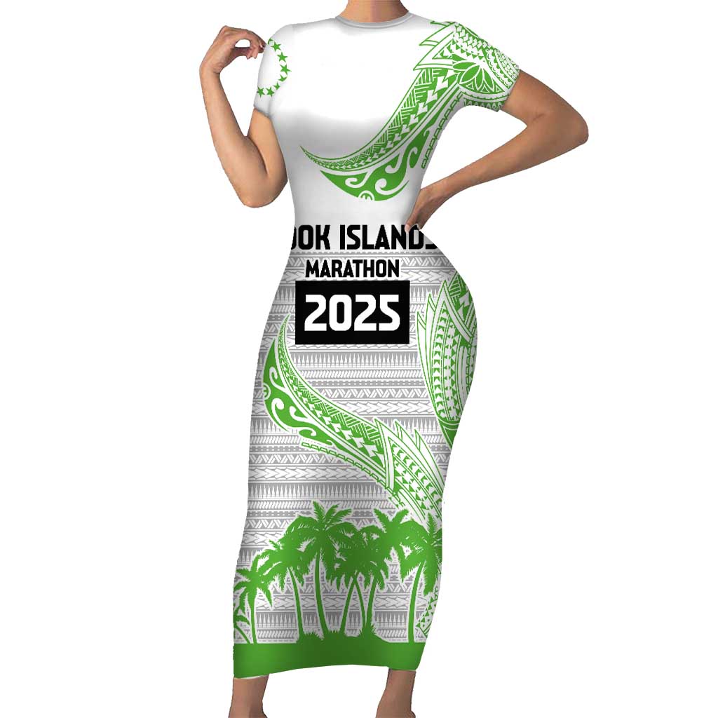 Cook Islands Marathon 2025-Pursuit in Paradise Short Sleeve Bodycon Dress Green Color