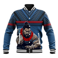 Custom Toa Samoa Rugby Baseball Jacket Samoan Warrior Ula Fala Tribal Pattern LT03 Unisex Blue - Polynesian Pride
