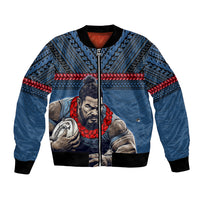 Custom Toa Samoa Rugby Bomber Jacket Samoan Warrior Ula Fala Tribal Pattern LT03 Unisex Blue - Polynesian Pride