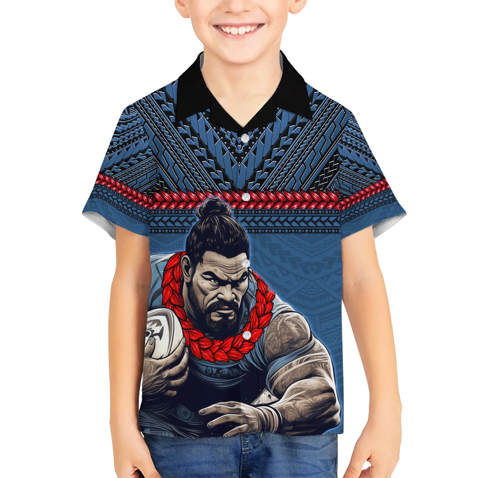 Custom Toa Samoa Rugby Kid Hawaiian Shirt Samoan Warrior Ula Fala Tribal Pattern LT03 Kid Blue - Polynesian Pride