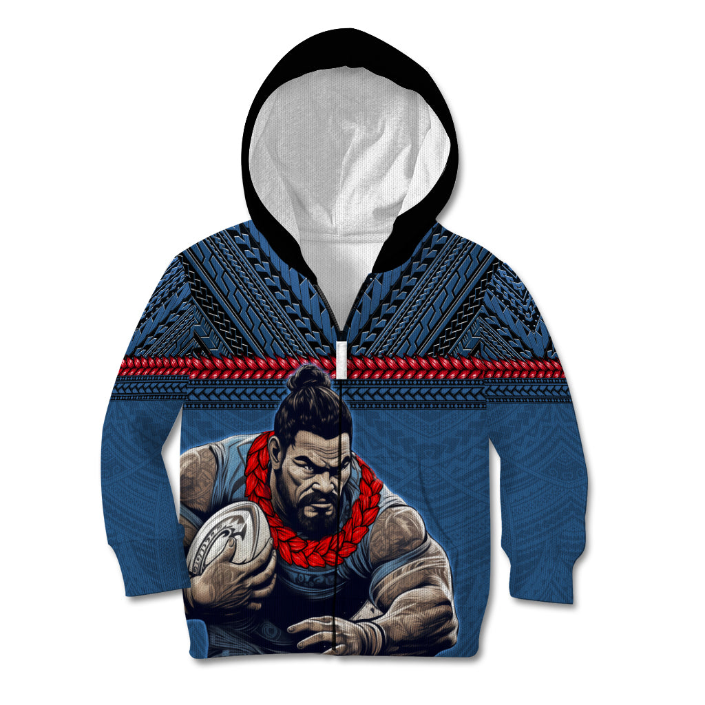 Custom Toa Samoa Rugby Kid Hoodie Samoan Warrior Ula Fala Tribal Pattern LT03 Zip Hoodie Blue - Polynesian Pride