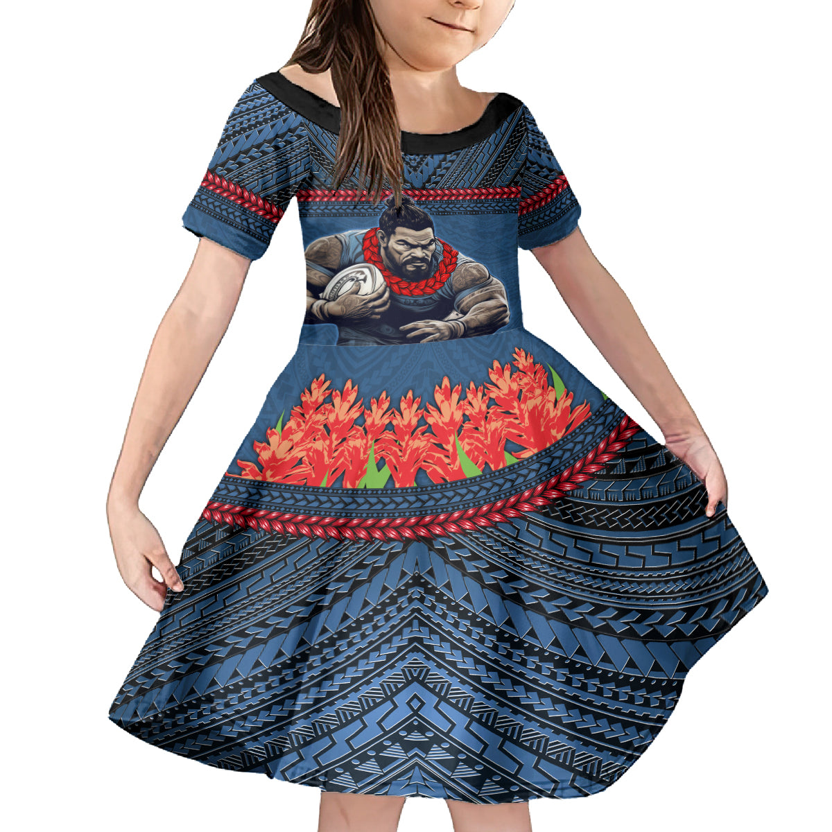 Custom Toa Samoa Rugby Kid Short Sleeve Dress Samoan Warrior Ula Fala Tribal Pattern LT03 - Polynesian Pride