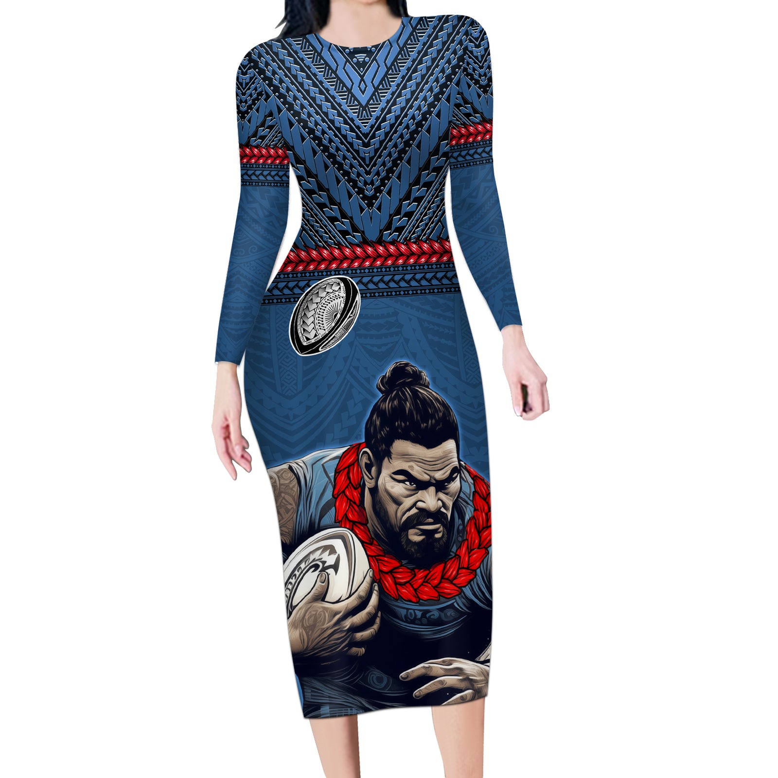 Custom Toa Samoa Rugby Long Sleeve Bodycon Dress Samoan Warrior Ula Fala Tribal Pattern LT03 Long Dress Blue - Polynesian Pride