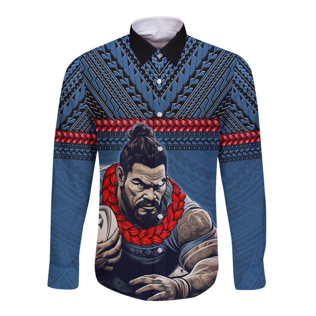 Custom Toa Samoa Rugby Long Sleeve Button Shirt Samoan Warrior Ula Fala Tribal Pattern LT03 Unisex Blue - Polynesian Pride