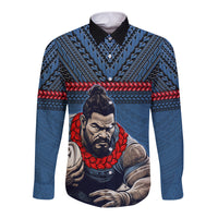 Custom Toa Samoa Rugby Long Sleeve Button Shirt Samoan Warrior Ula Fala Tribal Pattern LT03 Unisex Blue - Polynesian Pride