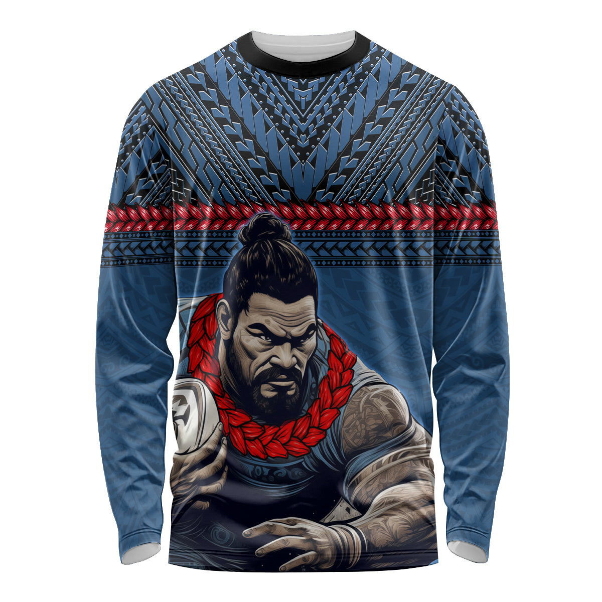Custom Toa Samoa Rugby Long Sleeve Shirt Samoan Warrior Ula Fala Tribal Pattern LT03 Unisex Blue - Polynesian Pride