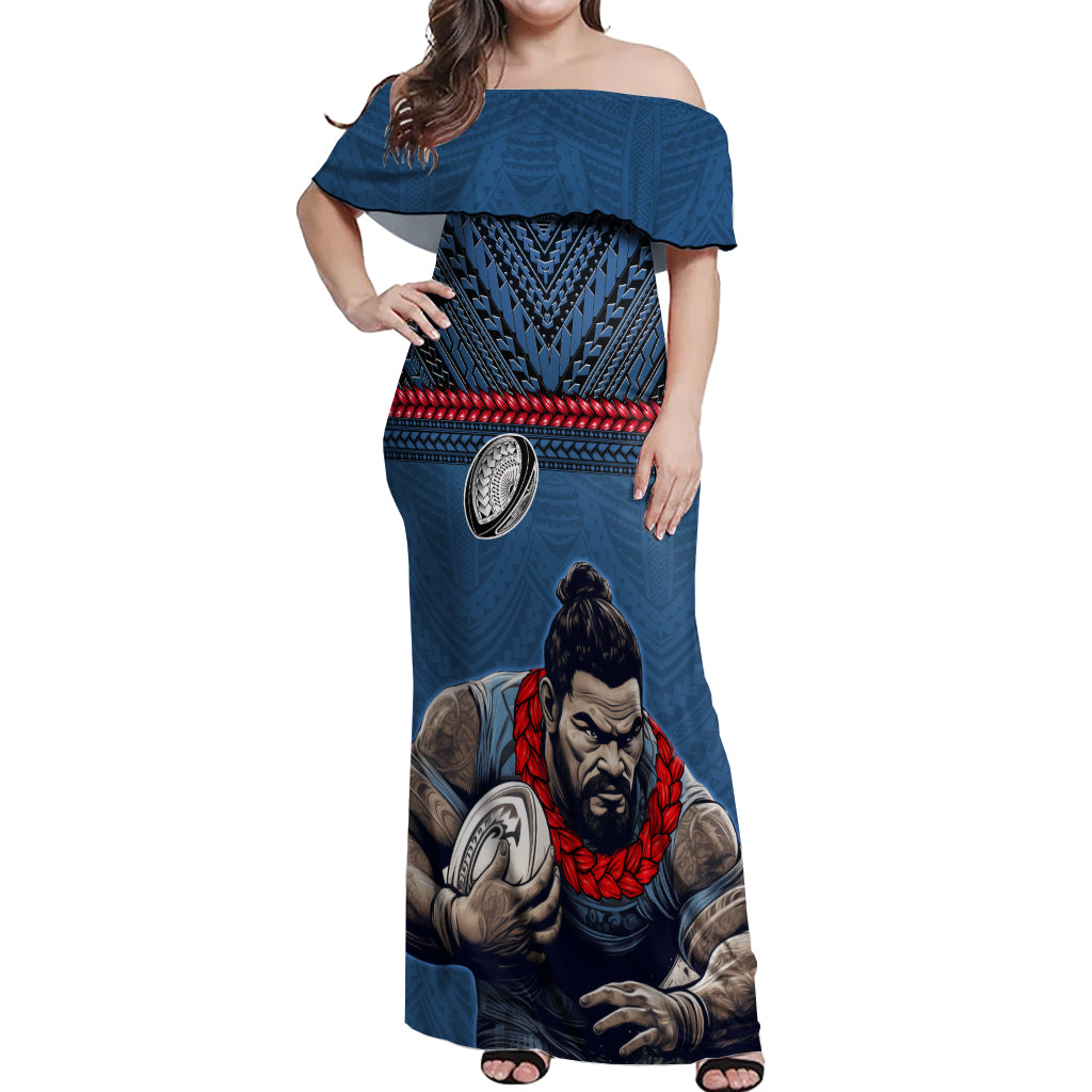 Custom Toa Samoa Rugby Off Shoulder Maxi Dress Samoan Warrior Ula Fala Tribal Pattern LT03 Women Blue - Polynesian Pride