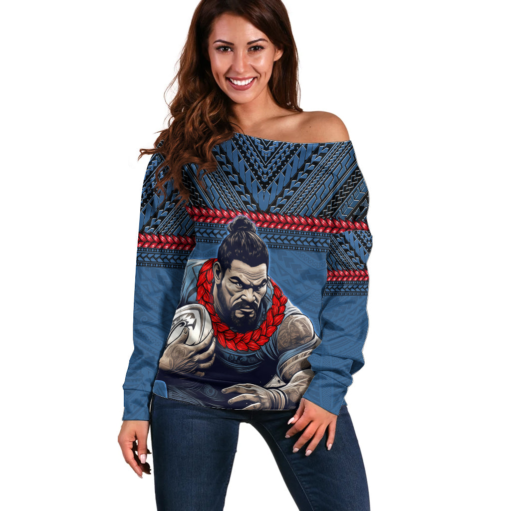 Custom Toa Samoa Rugby Off Shoulder Sweater Samoan Warrior Ula Fala Tribal Pattern LT03 Women Blue - Polynesian Pride