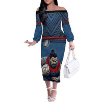 Custom Toa Samoa Rugby Off The Shoulder Long Sleeve Dress Samoan Warrior Ula Fala Tribal Pattern LT03 Women Blue - Polynesian Pride