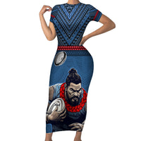 Custom Toa Samoa Rugby Short Sleeve Bodycon Dress Samoan Warrior Ula Fala Tribal Pattern LT03 Long Dress Blue - Polynesian Pride
