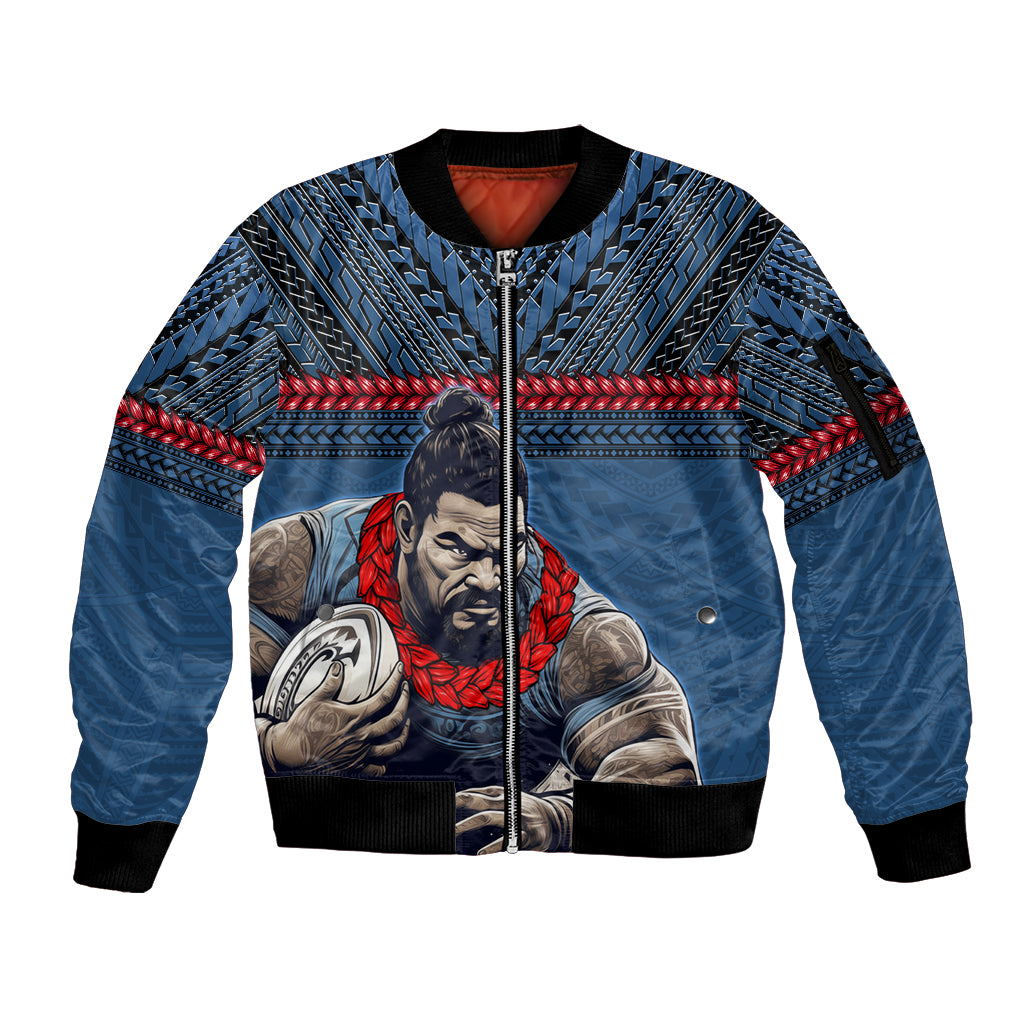 Custom Toa Samoa Rugby Sleeve Zip Bomber Jacket Samoan Warrior Ula Fala Tribal Pattern LT03 Unisex Blue - Polynesian Pride