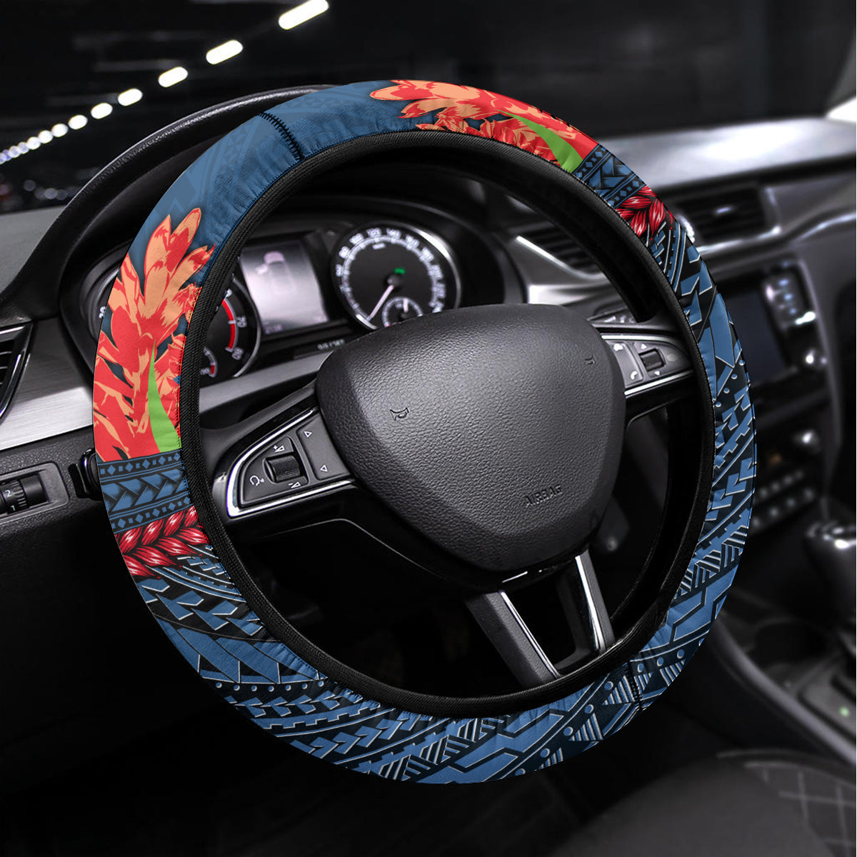 Toa Samoa Rugby Steering Wheel Cover Samoan Warrior Ula Fala Tribal Pattern LT03 Universal Fit Blue - Polynesian Pride