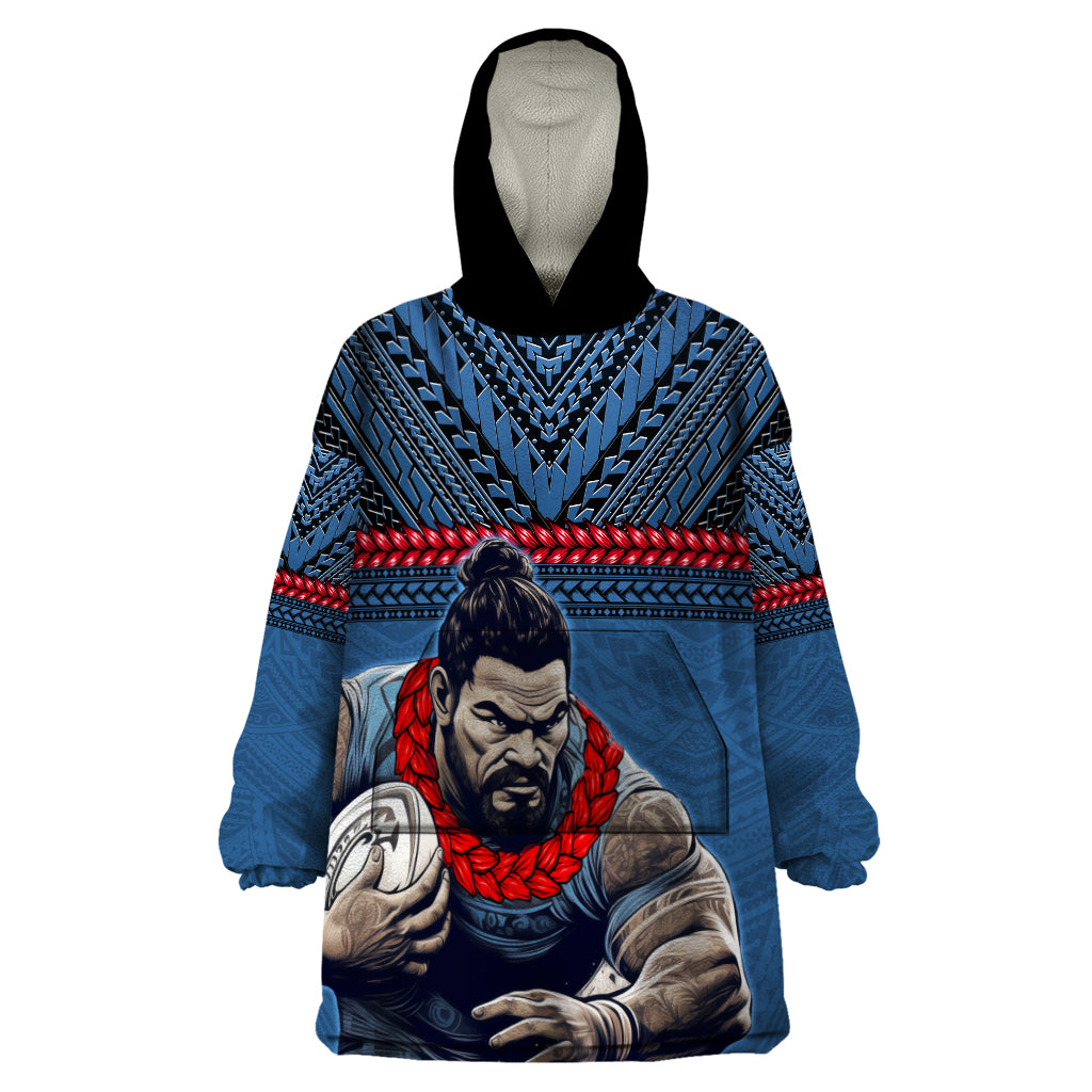 Custom Toa Samoa Rugby Wearable Blanket Hoodie Samoan Warrior Ula Fala Tribal Pattern LT03 One Size Blue - Polynesian Pride