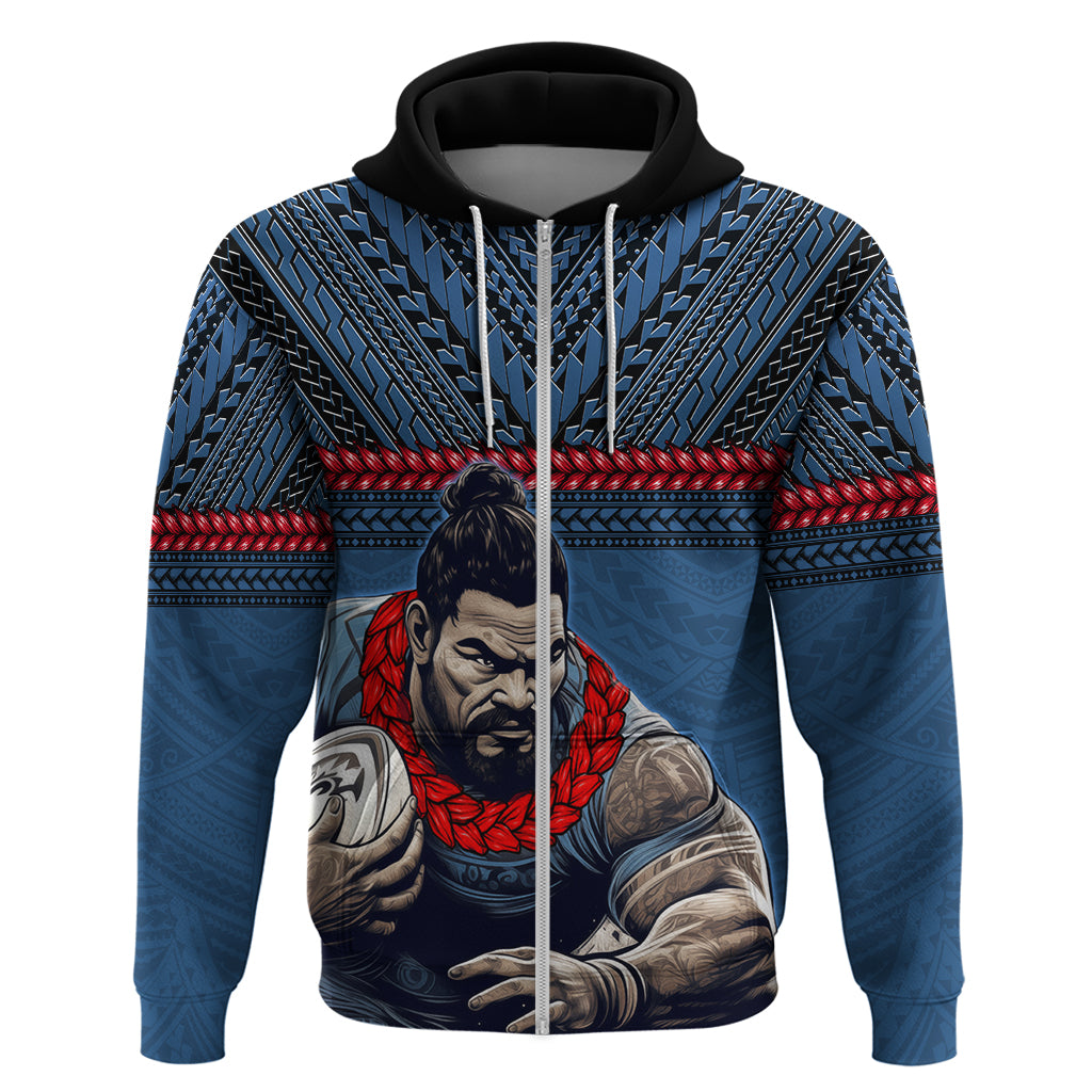 Custom Toa Samoa Rugby Zip Hoodie Samoan Warrior Ula Fala Tribal Pattern LT03 Zip Hoodie Blue - Polynesian Pride