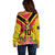 Custom Papua New Guinea Rugby Off Shoulder Sweater Bird of Paradise and Hibiscus Polynesian Pattern Yellow Color LT03