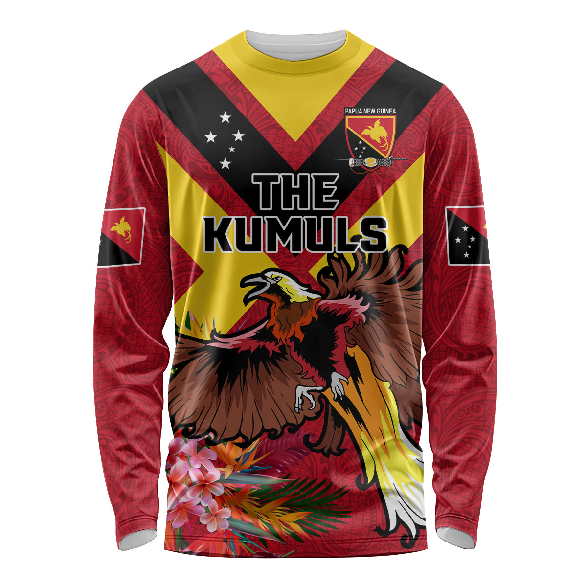 Custom Papua New Guinea Rugby Long Sleeve Shirt Bird of Paradise and Hibiscus Polynesian Pattern Red Color LT03