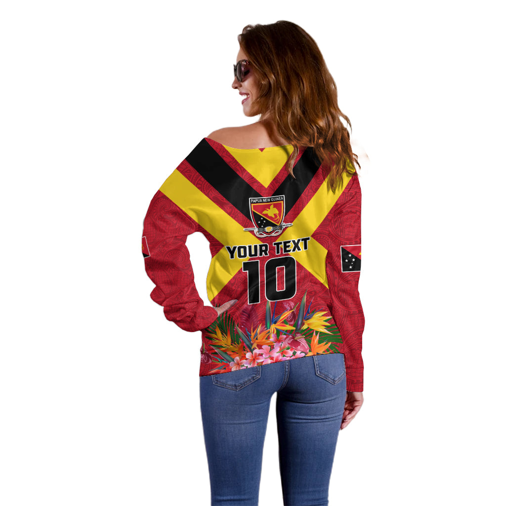 Custom Papua New Guinea Rugby Off Shoulder Sweater Bird of Paradise and Hibiscus Polynesian Pattern Red Color LT03 - Polynesian Pride