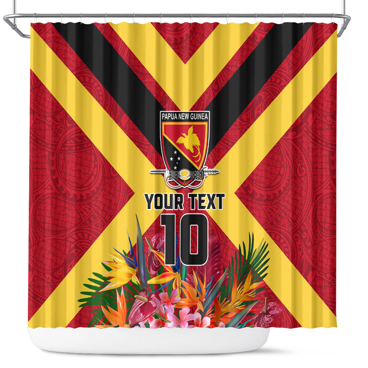 Custom Papua New Guinea Rugby Shower Curtain Bird of Paradise and Hibiscus Polynesian Pattern Red Color