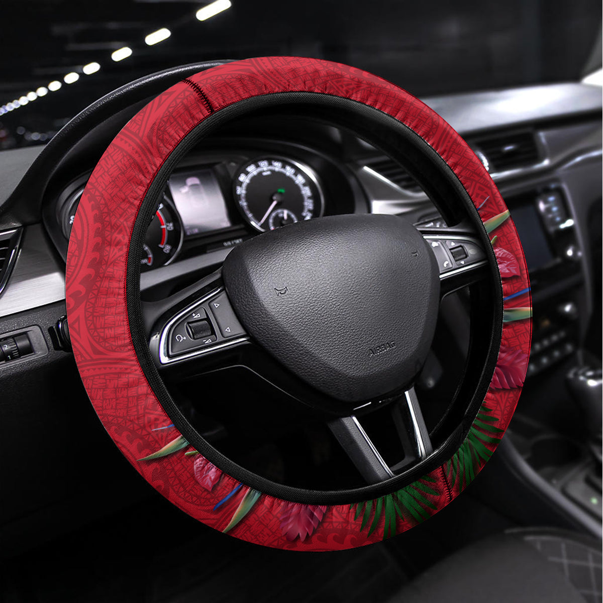 Papua New Guinea Rugby Steering Wheel Cover Bird of Paradise and Hibiscus Polynesian Pattern Red Color