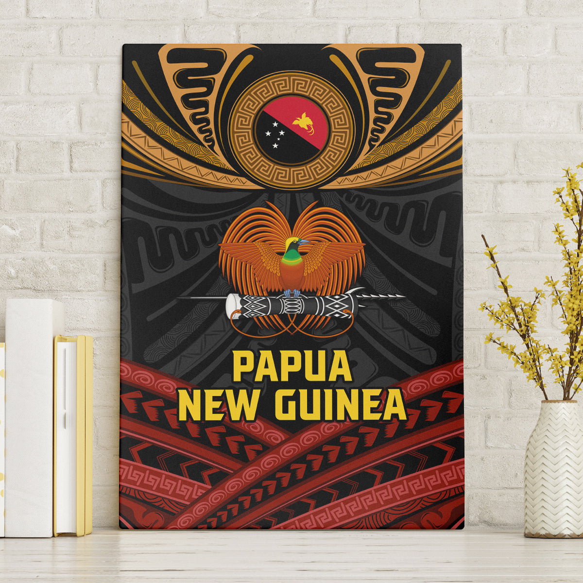 Papua New Guinea Bird-of-Paradise Canvas Wall Art Coat of Arms and Tribal Patterns LT03 Without Frame Black - Polynesian Pride